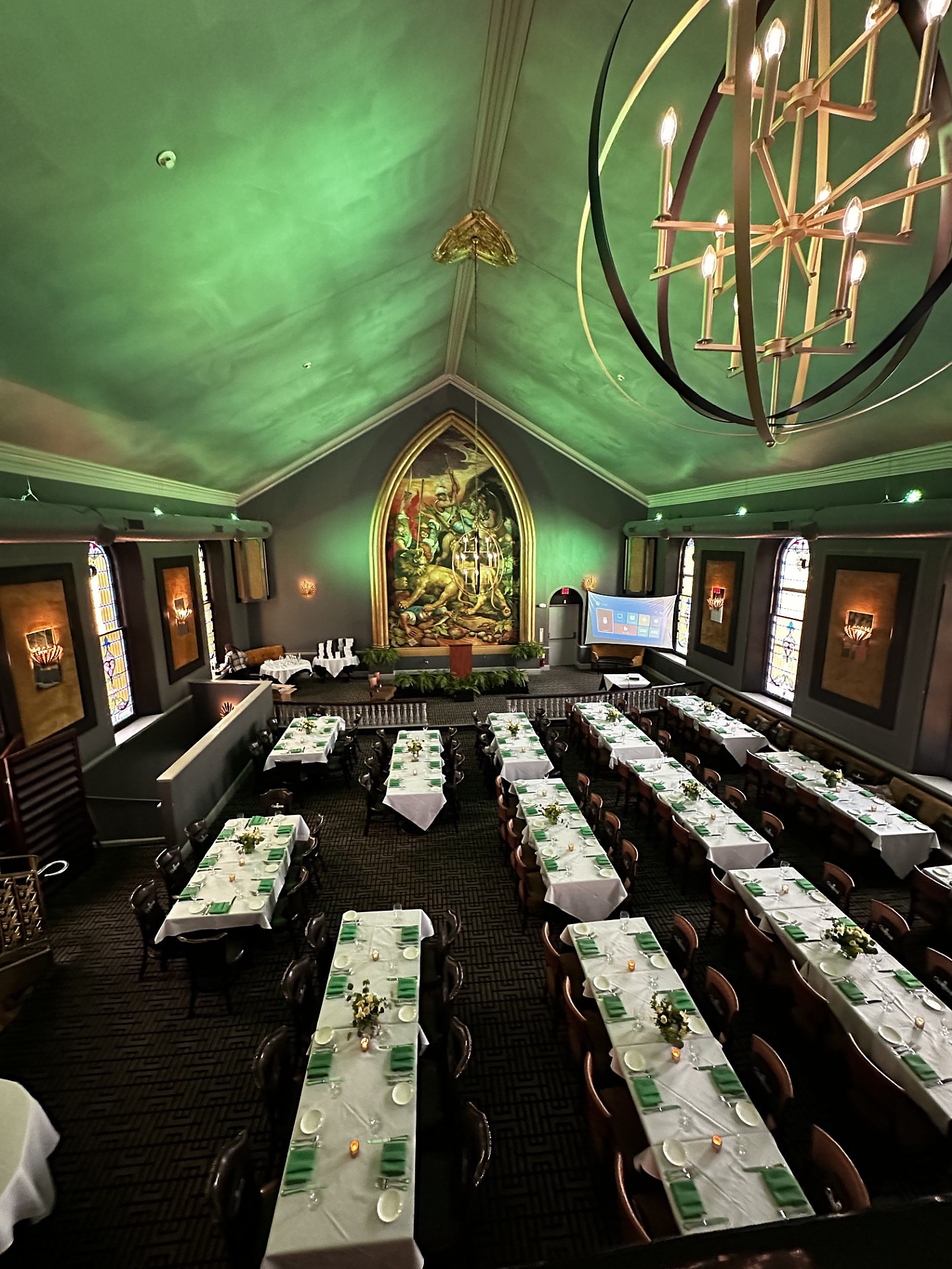 Long tables set for a corporate dinner