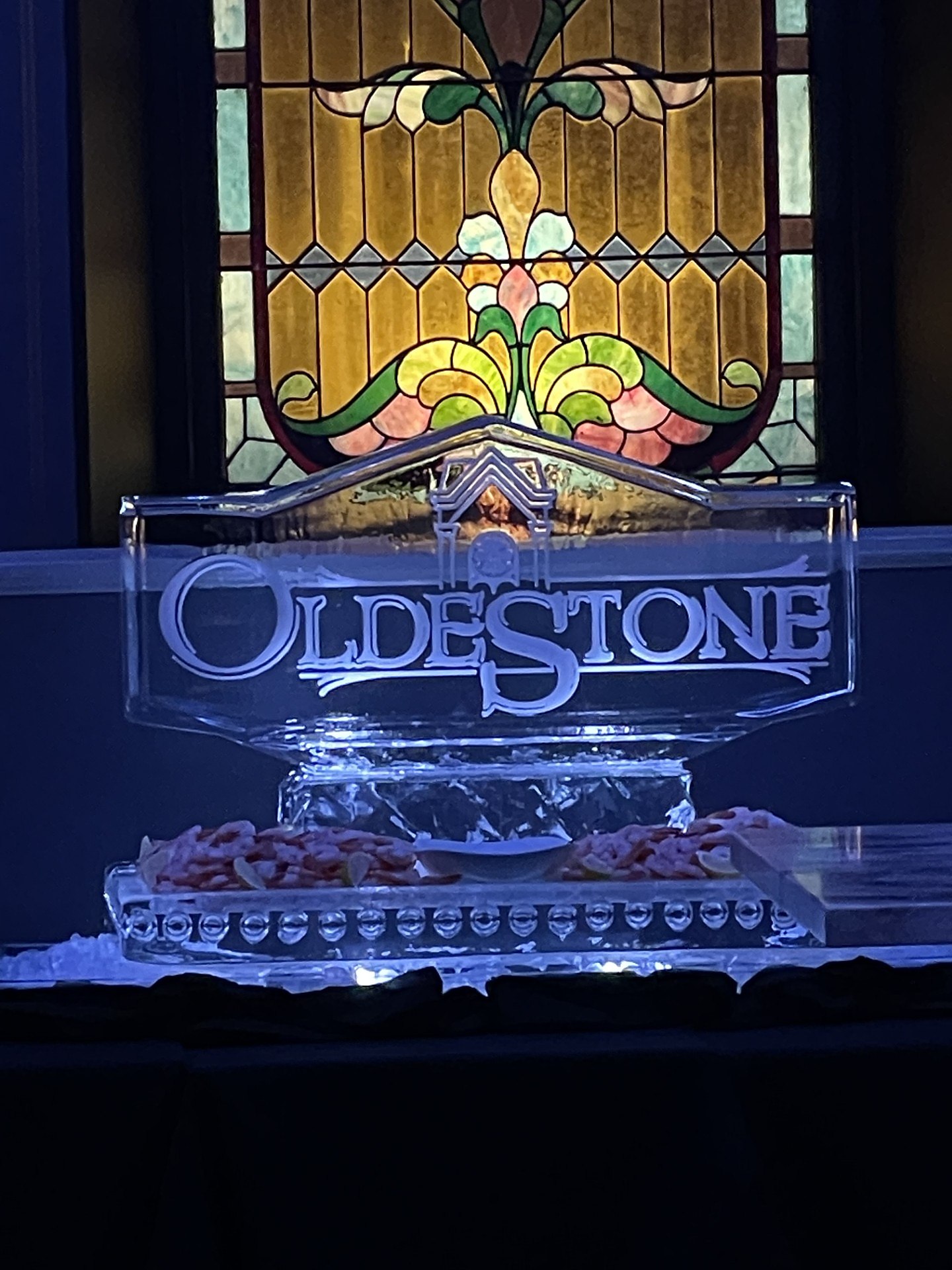 An OldeStone ice sculpture on the raw bar